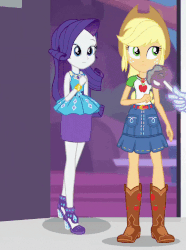 Size: 540x726 | Tagged: safe, screencap, applejack, micro chips, rarity, sci-twi, twilight sparkle, equestria girls, equestria girls specials, g4, my little pony equestria girls: better together, my little pony equestria girls: rollercoaster of friendship, animated, apple, cropped, duo focus, female, food, geode of shielding, geode of super strength, gif, legs, magical geodes, offscreen character, rarity peplum dress, shipping fuel