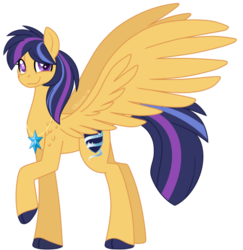 Size: 600x617 | Tagged: safe, artist:traveleraoi, oc, oc only, oc:nova star sparkle, pegasus, pony, blind, cloven hooves, colored pupils, cutie mark, element of magic, female, hooves, jewelry, large wings, looking at you, mare, necklace, next generation, offspring, parent:flash sentry, parent:twilight sparkle, parents:flashlight, scar, signature, simple background, smiling, solo, transparent background, wings