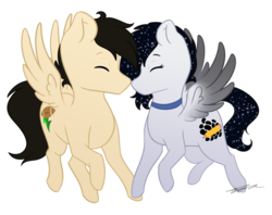 Size: 1024x811 | Tagged: safe, artist:mindlesssketching, oc, oc only, oc:brian, oc:hailee, pegasus, pony, chibi, female, kissing, male, mare, simple background, stallion, transparent background