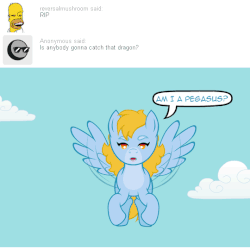 Size: 540x540 | Tagged: safe, artist:aha-mccoy, oc, oc:cersci, oc:dicey roll, pegasus, pony, nopony-ask-mclovin, animated, ask, bungee jumping, caption, female, flying, gif, gif with captions, mare, rope, speech bubble, transformation, tumblr