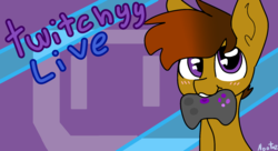 Size: 1980x1080 | Tagged: safe, artist:nootaz, oc, oc only, oc:twitchyylive, earth pony, pony, commission, controller, male, text, wallpaper