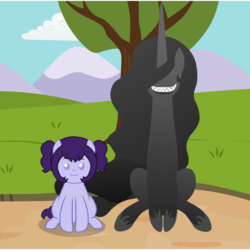 Size: 540x540 | Tagged: safe, artist:aha-mccoy, oc, oc only, oc:anonlestia, oc:buggy, original species, nopony-ask-mclovin, description is relevant, evil grin, female, filly, grin, mother and daughter, offspring, parent:oc:anonlestia, parent:oc:glitch, parents:oc x oc, sharp teeth, smiling, teeth