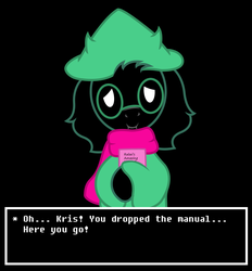 Size: 885x954 | Tagged: safe, artist:darkstorm619, derpibooru exclusive, goat, pony, spoiler:deltarune, deltarune, dialogue, fluffy boi, glasses, holding, looking at you, male, manual, ponified, ralsei, solo