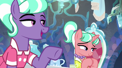 Size: 1920x1080 | Tagged: safe, screencap, stepford ponies, pony, unicorn, g4, what lies beneath, clothes, discovery family, discovery family logo, duo, encouragement, encouraging, female, jewelry, lidded eyes, logo, mare, necklace, pearl necklace, tea party