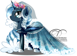 Size: 1050x768 | Tagged: safe, artist:tiffanymarsou, oc, oc only, oc:maristella, alicorn, pony, alicorn oc, clothes, concave belly, dress, female, folded wings, gala dress, long mane, mare, side view, signature, slender, solo, thin, wings