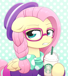 Size: 3597x4013 | Tagged: safe, artist:moozua, fluttershy, pegasus, pony, fake it 'til you make it, alternate hairstyle, braid, clothes, coffee, drink, female, glasses, hat, hipstershy, mare, scarf, solo, starbucks, straw