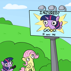Size: 3000x3000 | Tagged: safe, artist:tjpones, fluttershy, twilight sparkle, alicorn, pegasus, pony, sparkles! the wonder horse!, g4, behind you, billboard, derp, female, frown, gun, handgun, high res, hoof hold, imminent death, imminent murder, imminent pain, mare, meme, pistol, sitting, smiling, this will end in death, this will end in tears and/or death, twibitch sparkle, twilight sparkle (alicorn), weapon, wide eyes
