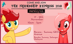 Size: 3604x2173 | Tagged: safe, artist:arifproject, oc, oc:downvote, oc:rosa blossomheart, earth pony, pony, derpibooru, advertisement, derpibooru ponified, high res, hoofsies, malaysia, meta, ponified, promo, the friendship express, the friendship express 2018