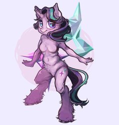 Size: 1140x1200 | Tagged: safe, artist:gloomynyan, starlight glimmer, unicorn, anthro, unguligrade anthro, g4, barbie doll anatomy, breasts, featureless breasts, female, heart eyes, hooves, mare, smiling, solo, unshorn fetlocks, wingding eyes