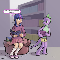 Size: 1280x1280 | Tagged: safe, artist:garam, spike, twilight sparkle, human, anthro, digitigrade anthro, g4, book, boxers, clothes, dialogue, female, humanized, misspelling, older, older spike, partial nudity, pleated skirt, sandals, skirt, socks, socks with sandals, topless, underwear