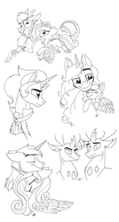 Size: 800x1491 | Tagged: safe, artist:celestial-rainstorm, discord, king sombra, pharynx, princess cadance, princess luna, shining armor, thorax, oc, oc:king galaxias, changedling, changeling, pony, g4, changedling brothers, father and daughter, female, filly, good king sombra, king thorax, male, monochrome, prince pharynx, ship:shiningcadance, shipping, sketch, sketch dump, straight, woona, younger
