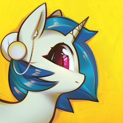 Size: 1404x1404 | Tagged: safe, artist:mirroredsea, dj pon-3, vinyl scratch, pony, unicorn, g4, abstract background, cute, earbuds, female, looking at you, mare, profile, solo, vinylbetes