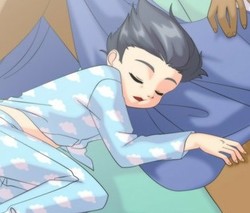 Size: 360x307 | Tagged: safe, artist:shinta-girl, rumble, thunderlane, human, g4, clothes, cropped, cute, eyes closed, humanized, legs, male, offscreen character, pajamas, rumblebetes, sleeping