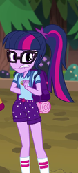 Size: 282x623 | Tagged: safe, screencap, sci-twi, twilight sparkle, equestria girls, g4, my little pony equestria girls: legend of everfree, arm behind back, backpack, camp everfree outfits, clothes, cropped, female, glasses, ponytail, shorts, socks
