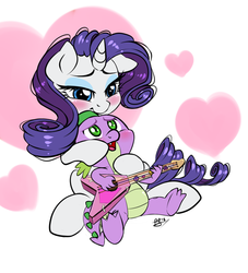 Size: 700x770 | Tagged: safe, artist:pia-sama, rarity, spike, dragon, pony, unicorn, best gift ever, g4, blushing, cute, female, guitar, heart, male, mare, ship:sparity, shipping, spikelove, straight, winged spike, wings