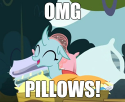 Size: 1322x1080 | Tagged: safe, edit, edited screencap, editor:apex soundwave, screencap, ocellus, changedling, changeling, g4, school daze, bed bug, cute, cuteling, diaocelles, female, happy, image macro, literal bed bug, pillow, solo, text, that changeling sure does love pillows, weapons-grade cute