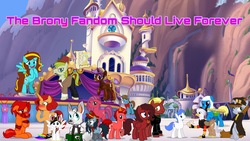 Size: 2048x1152 | Tagged: safe, editor:huntercwalls, oc, oc:antony c, oc:dawillstanator, oc:dr. wolf, oc:eliyora, oc:finn the pony, oc:firebrand, oc:goldenfox, oc:ilovekimpossiblealot, oc:ink rose, oc:keyframe, oc:lightning bliss, oc:littlepip, oc:mad munchkin, oc:misanthropony, oc:silver quill, oc:thespio, oc:voice of reason, alicorn, hippogriff, pony, unicorn, wolf, fallout equestria, g4, my little pony: the movie, bipedal, blushing, book, bowtie, bread, brony, canterlot, clothes, cutie mark, doctor who, fanfic, fanfic art, female, fez, floppy ears, flying, food, future, glasses, goggles, hat, hippogriff oc, hooves, horn, mare, mouth hold, raised hoof, saddle bag, smiling, sonic screwdriver, spread wings, standing, sword, text, weapon, wings, youtube, youtube link