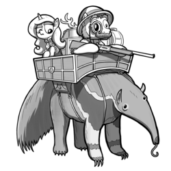 Size: 2000x2000 | Tagged: safe, artist:fimflamfilosophy, oc, oc only, oc:queen lunanne, anteater, pony, unicorn, buck legacy, antlers, card art, facial hair, gun, hat, high res, hunter, hunting rifle, jabot, jumanji, monochrome, monocle, moustache, muttonchops, pith helmet, riding, rifle, simple background, tongue out, transparent background, van pelt, weapon