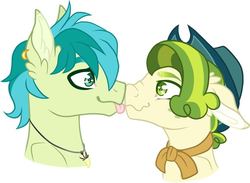 Size: 963x706 | Tagged: source needed, safe, artist:illusionaryprince, pistachio, sandbar, earth pony, pony, g4, :p, boop, crack shipping, ear piercing, gay, jewelry, male, necklace, nose wrinkle, noseboop, piercing, ship:sandachio, shipping, silly, stallion, tongue out