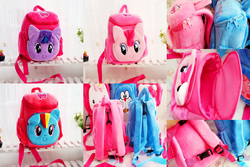 Size: 2199x1466 | Tagged: safe, pinkie pie, rainbow dash, twilight sparkle, g4, backpack, child leash, doraemon, george pig, hello kitty, hello kitty (character), irl, my little pony logo, peppa pig, photo, plush backpack, plushie, sanrio