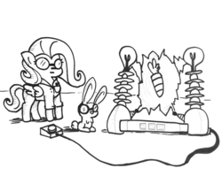 Size: 1280x1020 | Tagged: safe, artist:tjpones, angel bunny, fluttershy, pegasus, pony, rabbit, g4, black and white, carrot, clothes, food, goggles, grayscale, lab coat, lineart, monochrome