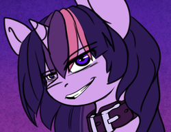 Size: 1062x820 | Tagged: safe, artist:duop-qoub, twilight sparkle, alicorn, pony, descended twilight, g4, abstract background, bust, collar, female, grin, implied futa, mare, smiling, smug, solo, twilight sparkle (alicorn)