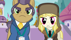 Size: 1440x809 | Tagged: safe, screencap, joe pescolt, march gustysnows, earth pony, pony, g4, princess spike, clothes, duo, female, frown, hat, jacket, male, mare, name tag, necktie, stallion