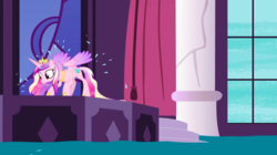 Size: 1440x806 | Tagged: safe, screencap, princess cadance, alicorn, pony, g4, princess spike, behaving like a dog, colored wings, crouching, female, gradient wings, mare, solo, water, wet mane, wet-dog shake