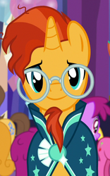Size: 417x667 | Tagged: safe, screencap, berry punch, berryshine, caramel, cherry berry, sunburst, pony, unicorn, celestial advice, g4, clothes, cropped, glasses, looking at you, male, robe, smiling, solo focus, stallion, sunburst's cloak, sunburst's glasses
