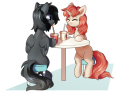 Size: 1024x761 | Tagged: safe, artist:sevedie, oc, oc only, oc:ciri, oc:shadow, pegasus, pony, unicorn, :p, duo, food, outdoors, simple background, sitting, smiling, straw, tongue out