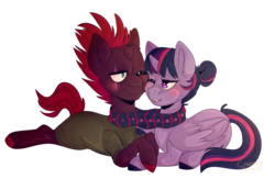 Size: 1399x911 | Tagged: safe, artist:cinnamonsparx, tempest shadow, twilight sparkle, alicorn, pony, g4, blushing, clothes, cloven hooves, female, lesbian, prone, scarf, shared clothing, shared scarf, ship:tempestlight, shipping, simple background, transparent background, twilight sparkle (alicorn)