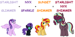 Size: 1600x800 | Tagged: artist needed, source needed, safe, edit, starlight glimmer, sunset shimmer, oc, oc:nyx, oc:starlight nyx shimmer, alicorn, pony, g4, alicorn oc, alicornified, alternate universe, blank flank, comic sans, crown, cutie mark, equal sign, female, fusion, glimmerposting, happy, horn, jewelry, mare, math, meme, ms paint, ms paint adventures, nostrils, nyxposting, open mouth, plus sign, princess, princess starlight glimmer, race swap, regalia, royalty, shimmercorn, shimmerposting, simple background, smiling, spread wings, standing, standing up, starlicorn, starlightnyxshimmer, sun, text, text edit, vector, wall of tags, wingboner, wings, xk-class end-of-the-world scenario