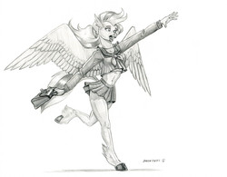 Size: 1400x1093 | Tagged: safe, artist:baron engel, silverstream, hippogriff, anthro, unguligrade anthro, g4, clothes, female, grayscale, legs, midriff, miniskirt, moe, monochrome, pencil drawing, pleated skirt, running, school uniform, skirt, skirt lift, solo, thighs, traditional art