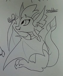 Size: 1080x1296 | Tagged: safe, artist:redxbacon, smolder, butterfly, dragon, g4, claws, cute, dragoness, female, horns, smolderbetes, solo, tail, traditional art, wings