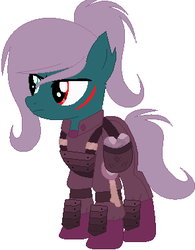 Size: 295x379 | Tagged: safe, artist:xxwillowstormxx, oc, oc only, oc:grinder (ice1517), earth pony, pony, armor, bag, boots, female, heterochromia, mare, rock, scar, shoes, simple background, solo, stone, white background