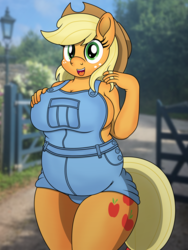 Size: 3000x4000 | Tagged: safe, artist:pananovich, applejack, anthro, g4, applefat, bbw, big breasts, braless, breasts, busty applejack, fat, female, freckles, looking at you, naked overalls, overalls, plump, sideboob, smiling, solo, thick, wide hips