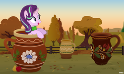 Size: 5000x3000 | Tagged: safe, artist:a4r91n, starlight glimmer, pony, unicorn, g4, apple, autumn, ceramic, clothes, cup, cup of pony, cute, featured image, field, food, glimmerbetes, high res, leaves, looking away, mug, pear, scarf, show accurate, smiling, solo, sunrise, tree, vector