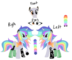 Size: 904x753 | Tagged: safe, artist:space--paws0w0, oc, oc only, oc:pastel chole, alicorn, pony, alicorn oc, bandana, boots, female, freckles, heterochromia, mare, markings, rainbow hair, reference sheet, shoes, simple background, solo, tattoo, transparent background