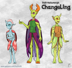 Size: 1024x974 | Tagged: safe, artist:inuhoshi-to-darkpen, ocellus, thorax, changedling, changeling, humanoid, anthro, unguligrade anthro, g4, cloven hooves, colored hooves, compound eyes, female, gray background, insectoid, king thorax, male, simple background, trio