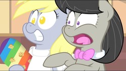 Size: 1280x720 | Tagged: safe, artist:eljonek, artist:epulson, derpy hooves, octavia melody, earth pony, pegasus, pony, g4, cropped, cute, duo, duo female, female, food, grin, mare, muffin, no pupils, scared, shocked, smiling