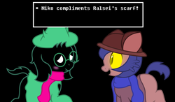 Size: 1474x862 | Tagged: safe, artist:darkstorm619, goat, pony, spoiler:deltarune, ambiguous gender, black background, blushing, clothes, colored sclera, crossover, cute, deltarune, dialogue, duo, eye contact, fangs, fluffy boi, glowing eyes, hat, lidded eyes, looking at each other, male, niko (oneshot), oneshot, open mouth, ponified, ralsei, scarf, simple background, slit pupils, smiling, text, undertale