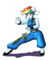 Size: 3200x4000 | Tagged: safe, artist:danmakuman, part of a set, rainbow dash, human, equestria girls, g4, armpits, chun li, clothes, commission, female, kung fu, martial arts, open mouth, pants, simple background, solo, street fighter, transparent background