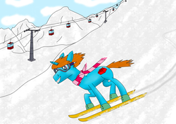Size: 5656x4000 | Tagged: safe, artist:flammerfime, oc, oc:flammer fime, pony, unicorn, cable car, clothes, mountain, scarf, ski goggles, skiing, sky, smiling, snow, solo