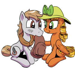 Size: 1260x1200 | Tagged: safe, artist:pony-berserker, oc, oc only, oc:longhaul, oc:southern comfort, earth pony, pegasus, pony, 2019 community collab, derpibooru community collaboration, 2018, blushing, clothes, female, hat, looking at each other, male, mare, mouth hold, oc x oc, raised hoof, raised leg, shipping, simple background, sitting, smiling, stallion, straight, touching, transparent background