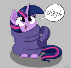 Size: 2450x2350 | Tagged: safe, artist:taurson, twilight sparkle, pony, unicorn, g4, cheek fluff, clothes, cross-eyed, cute, daaaaaaaaaaaw, dialogue, female, filly, giggling, gray background, high res, hnnng, looking up, open mouth, oversized clothes, simple background, sitting, smiling, solo, speech bubble, taurson is trying to murder us, twiabetes, weapons-grade cute