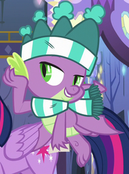 Size: 480x649 | Tagged: safe, screencap, spike, dragon, g4, my little pony best gift ever, claws, clothes, cropped, cutie mark, flying, hat, imitation, impersonating, implied rarity, lidded eyes, male, offscreen character, scarf, solo focus, striped scarf, stupid sexy spike, winged spike, wings, winter outfit