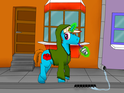 Size: 2048x1536 | Tagged: safe, artist:flammerfime, oc, oc only, oc:flammer fime, pony, unicorn, cap, city, clothes, drinking, gutter, hat, hoodie, houses, slushie, solo, street, walking, window