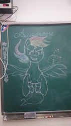 Size: 2368x4208 | Tagged: safe, artist:twinblade edge, rainbow dash, pegasus, pony, g4, chalk, chalkboard, chinese character, female, grin, looking at you, raised hoof, schedule, smiling, solo, spread wings, traditional art, windswept mane, wings, wip