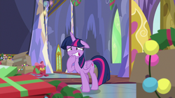 Size: 1280x720 | Tagged: safe, screencap, twilight sparkle, alicorn, pony, g4, my little pony best gift ever, christmas ornament, christmas wreath, decoration, female, floppy ears, ornament, solo, twilight sparkle (alicorn), worried, wreath