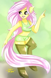 Size: 1266x1920 | Tagged: safe, artist:lucaaegus, fluttershy, anthro, g4, clothes, dancing, shorts, stockings, thigh highs
